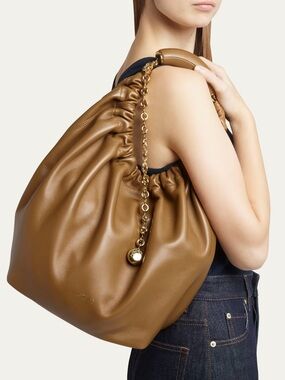 Loewe Brown Ruched Shoulder Bag with Gold Chain Detail